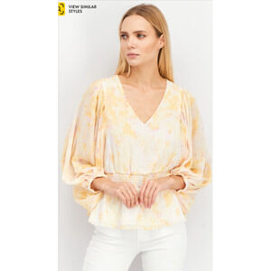 Vince Camuto V-Neck Balloon Sleeves Tie Dye Metallic Lining Top, Yellow S NWT